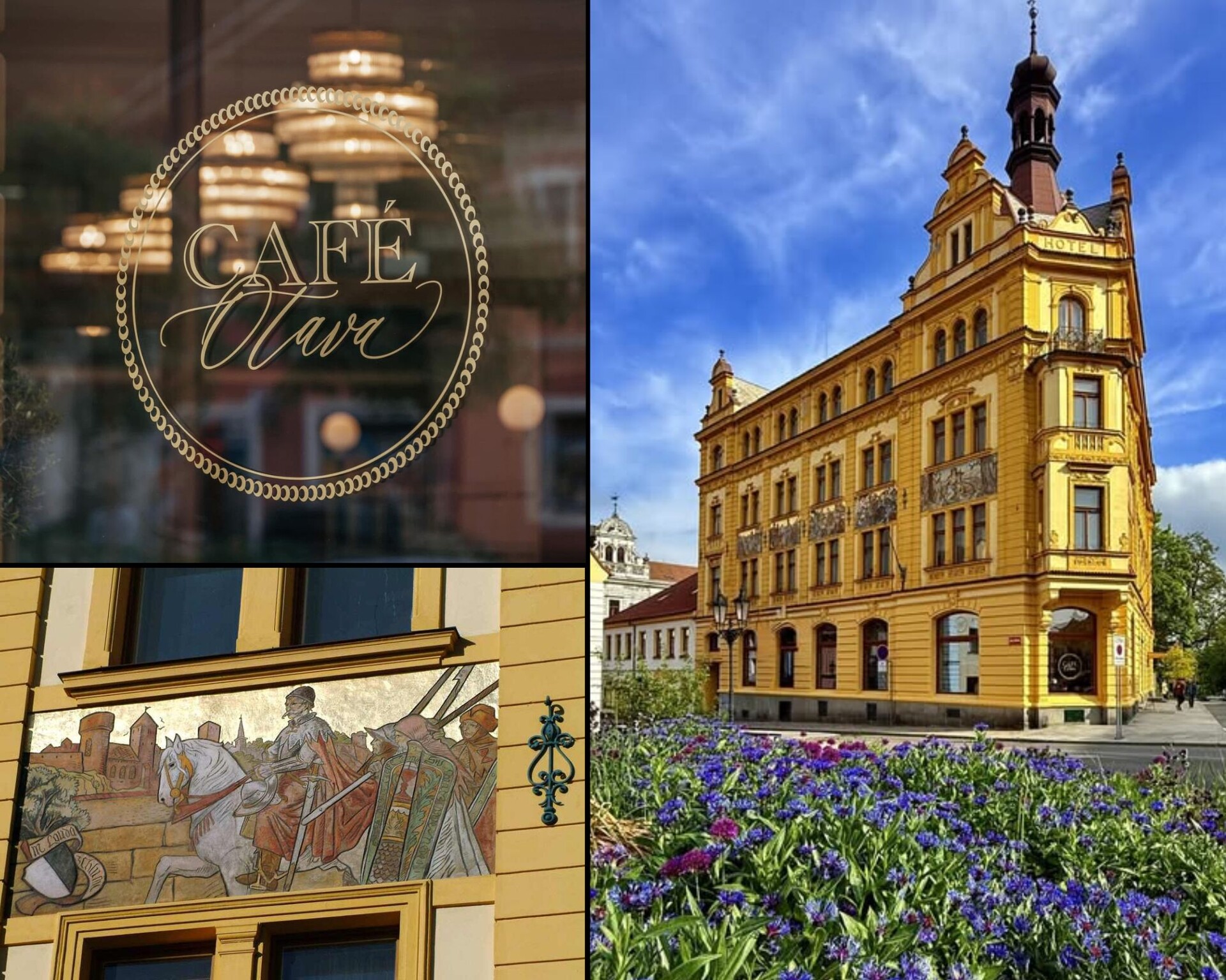 Neorenesansowy budynek Café Otava w Písku ze sgraffitami Mikoláša Alša, detal sgraffita i złocony napis Café Otava na szklanych drzwiach