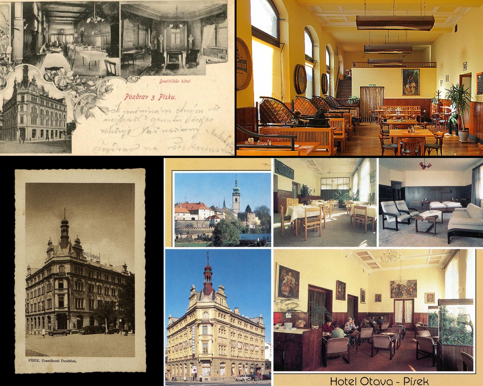 Dawne pocztówki Grandhotelu Dvořáček w Písku i zdjęcia wnętrz Hotelu Otava z drugiej połowy XX wieku