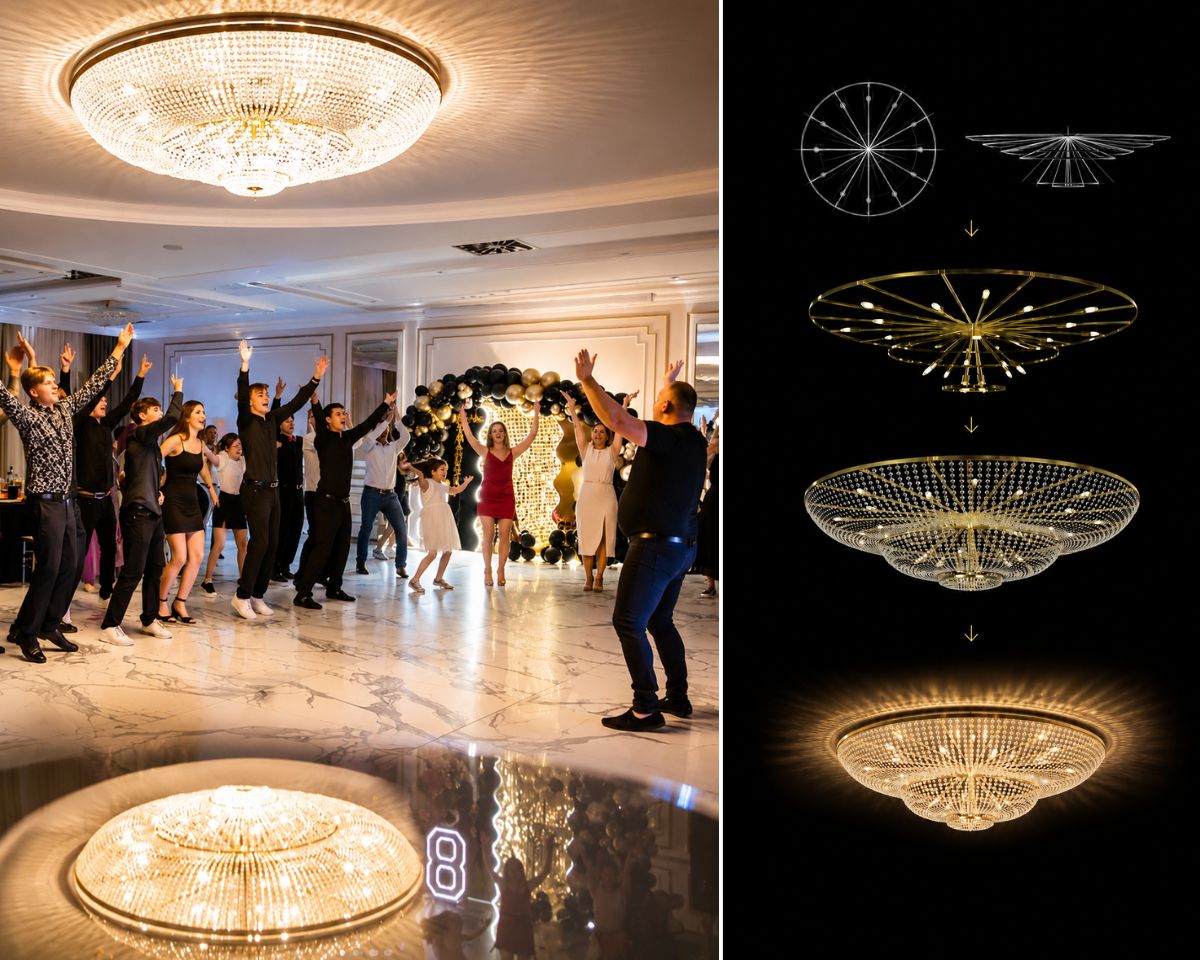 Wnętrze restauracji Bistro Bianco z dużym koszowym żyrandolem kryształowym o średnicy 220 cm, ozdobionym ręcznie ciętymi kryształowymi zawieszeniami, zamontowanym w błyszczącym okrągłym zagłębieniu sufitu.