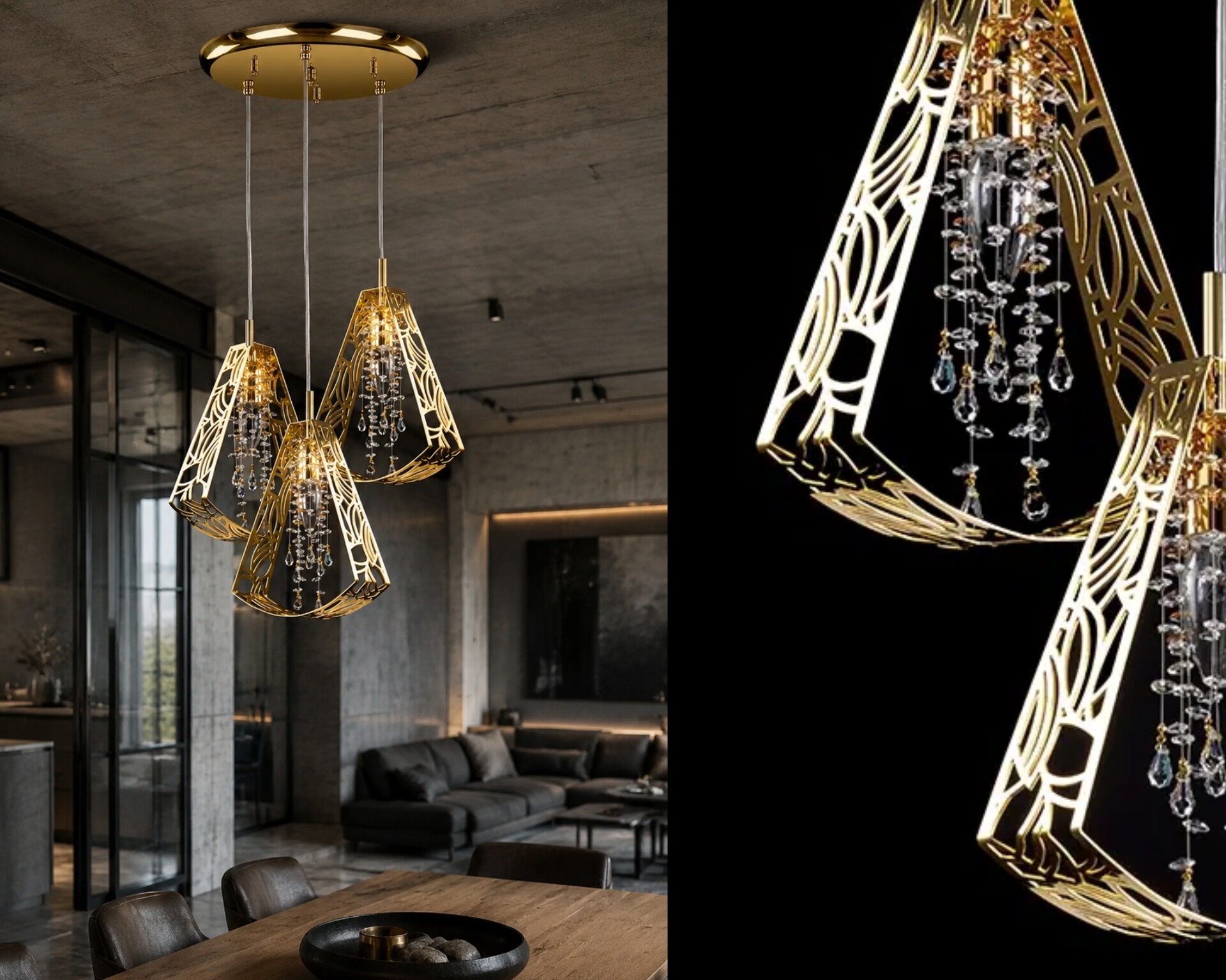 Lampa L-SWI-03 z mosiężnym filigranem i kryształowymi zawieszkami we wnętrzu industrialnym