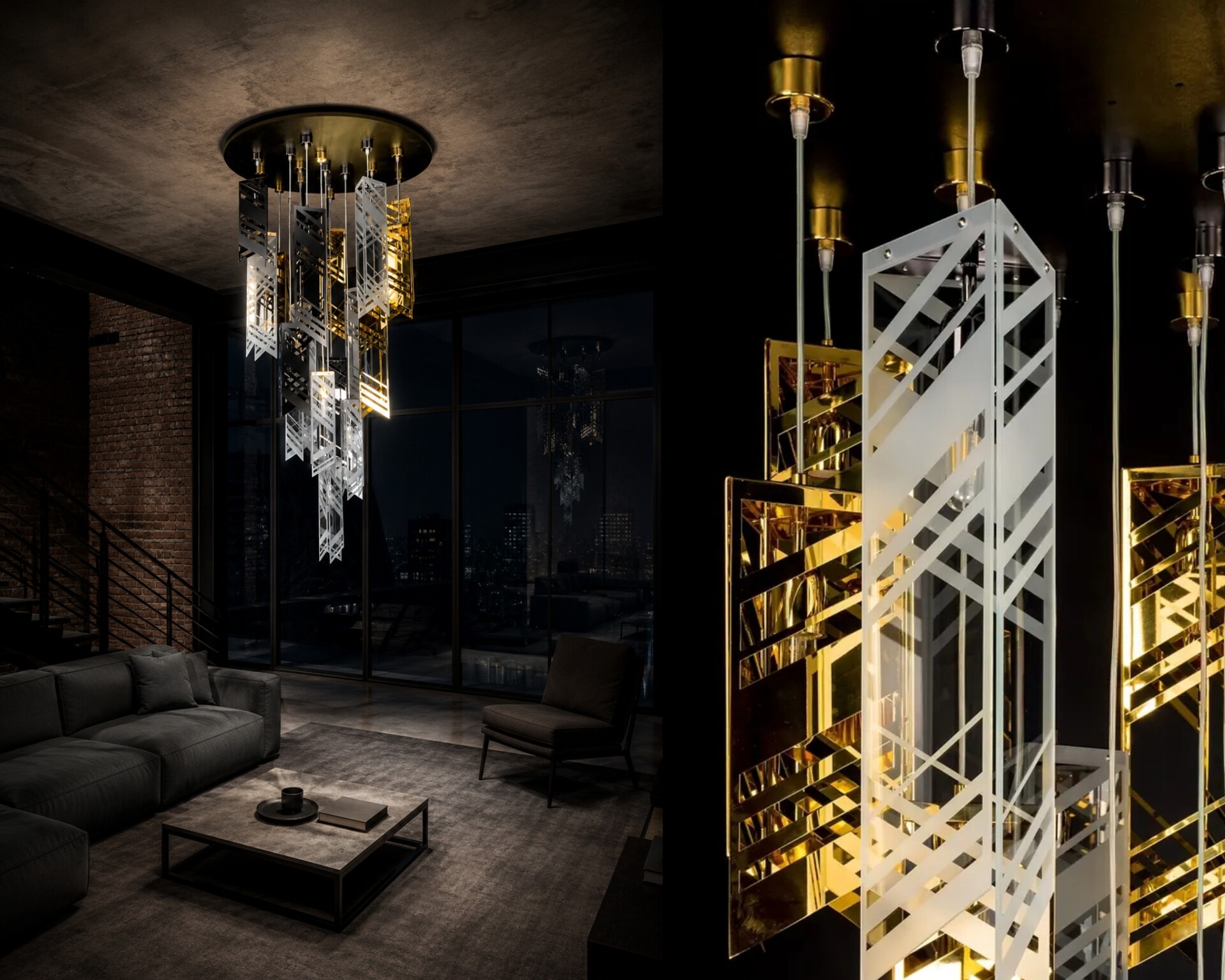 Designerska lampa wisząca z kaskadą trójkątnych elementów metalowych i szklanych