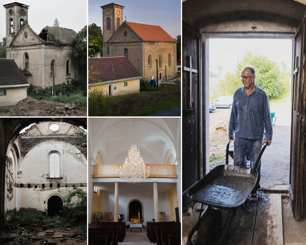 Kościół Wszystkich Świętych w Boněnovie przed renowacją, w trakcie prac budowlanych i po zakończeniu odnowy.