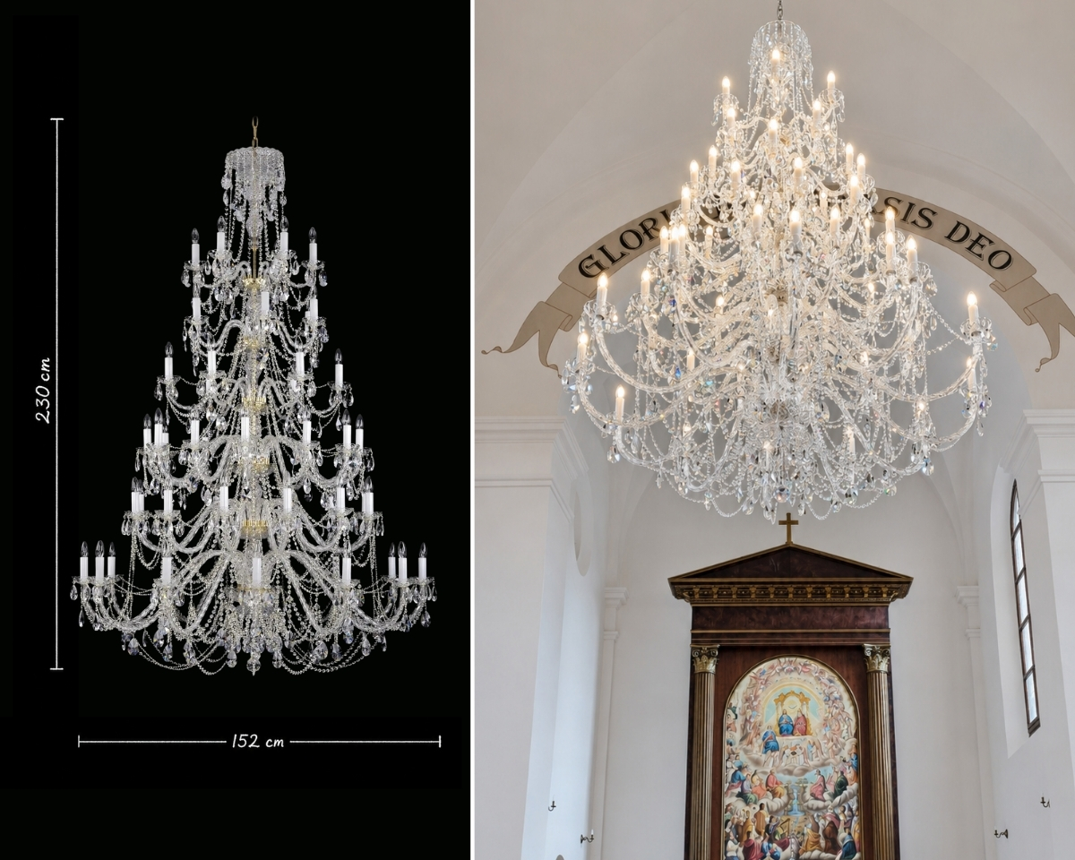 Kryształowy żyrandol AL061K o wysokości 230 cm i średnicy 152 cm zainstalowany w kościele Wszystkich Świętych w Boněnovie.
