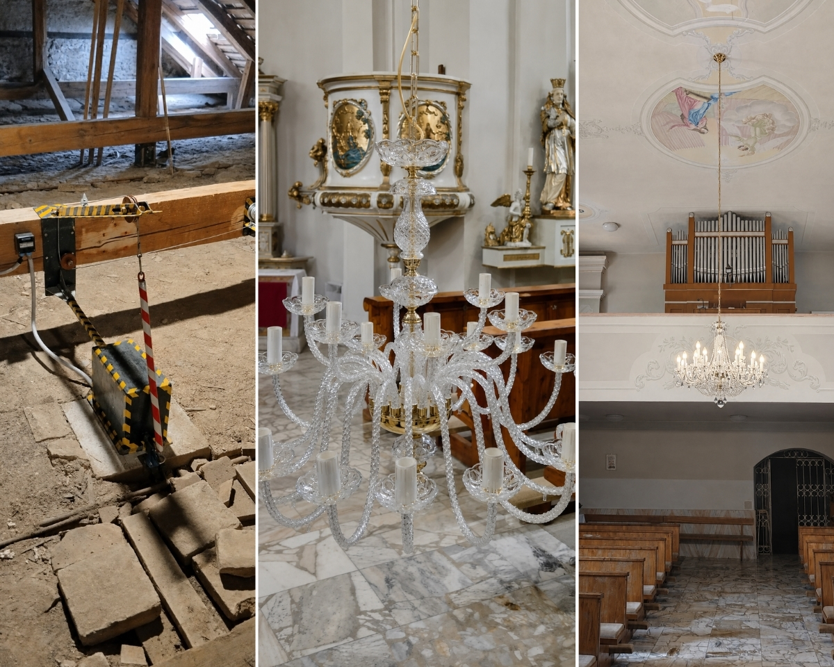 Montaż kryształowego żyrandola AL036K za pomocą wciągarki oraz jego ostateczna instalacja w kościele św. Mikołaja w Veľkých Vozokanoch.