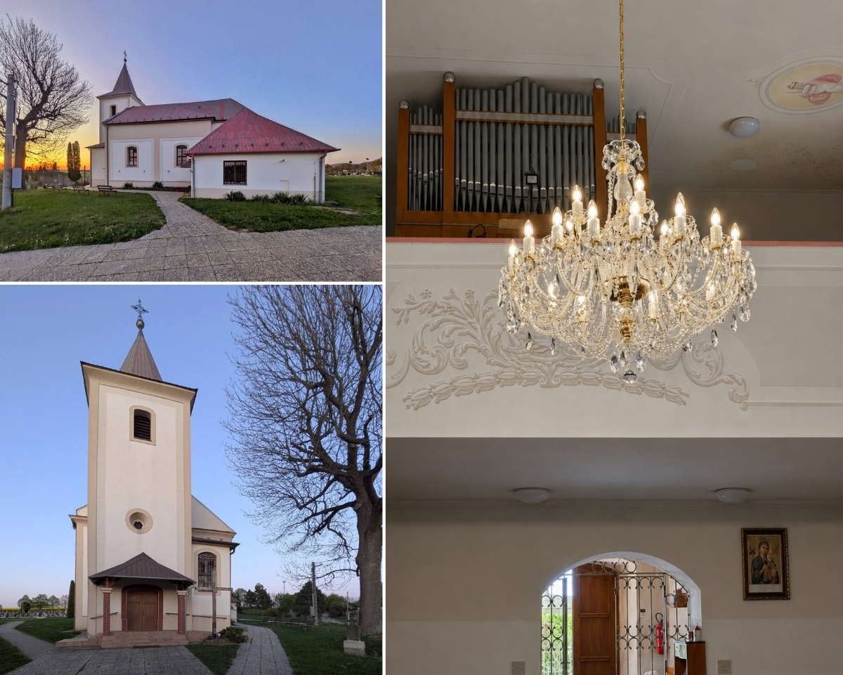 Kościół św. Mikołaja w Veľkých Vozokanoch i jego wnętrze z kryształowym żyrandolem AL036K.