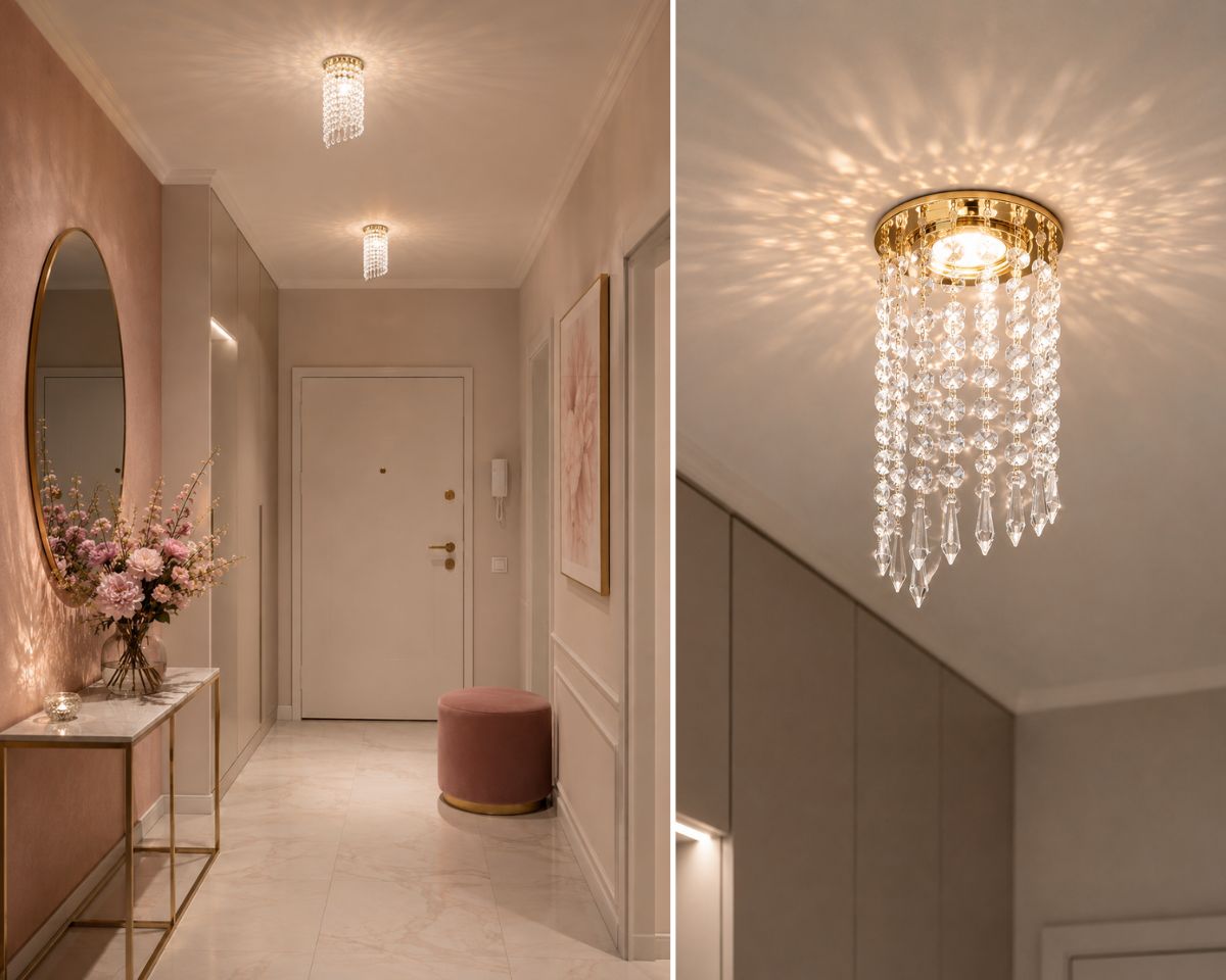 Wpuszczany spot sufitowy z szlifowanymi kryształowymi zawieszkami w spiralnym układzie i szpiczastymi kroplami, wyróżniający się eleganckim blaskiem i delikatną grą świateł.