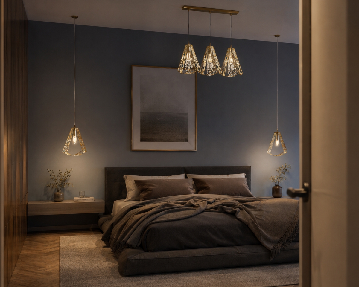 Nowoczesna lampa L-SWI-05 z laserowo ciętego mosiądzu i czeskiego kryształu z trzema eleganckimi elementami i lśniącymi kryształami zawieszonymi na linkach, dostępna w wersji złotej i srebrnej.