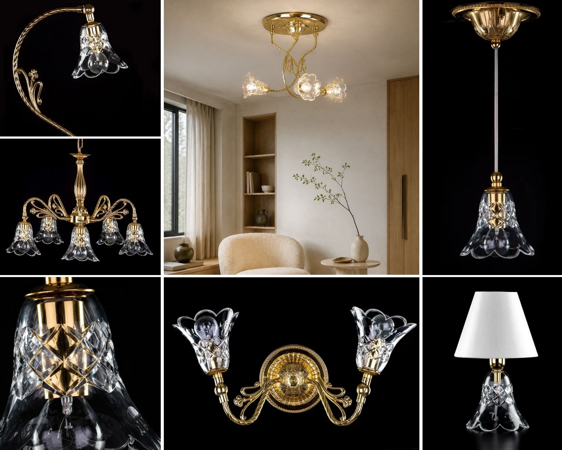 Secesyjna kolekcja ArtCrystal: żyrandol, lampa sufitowa i wisząca z ręcznie szlifowanymi kryształowymi kloszami w kształcie dzwonków