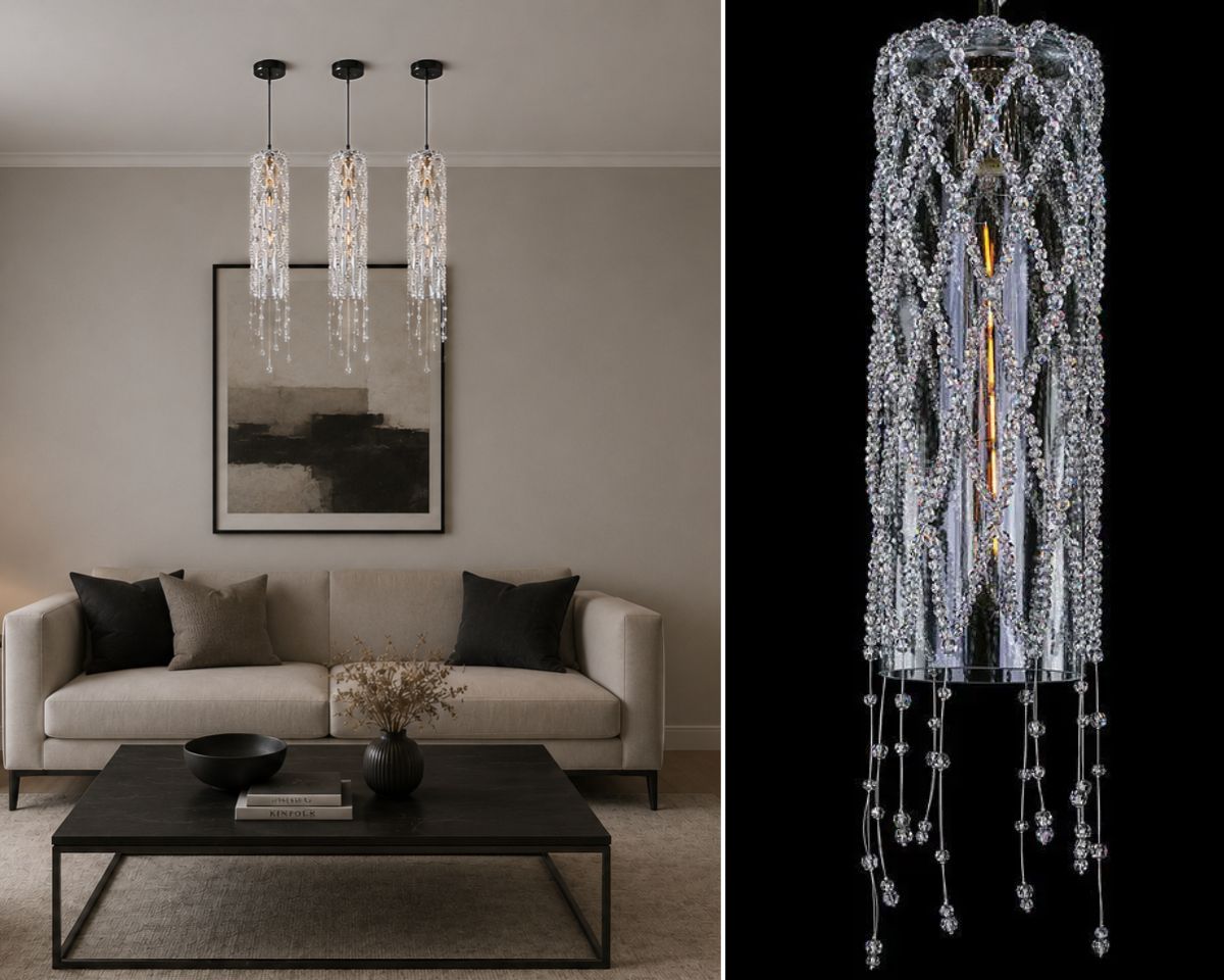 Nowoczesny żyrandol kryształowy LV138 in an elegant living room, formal dining room or hotel lounge setting, where it stands out with its sparkle and distinctive design.