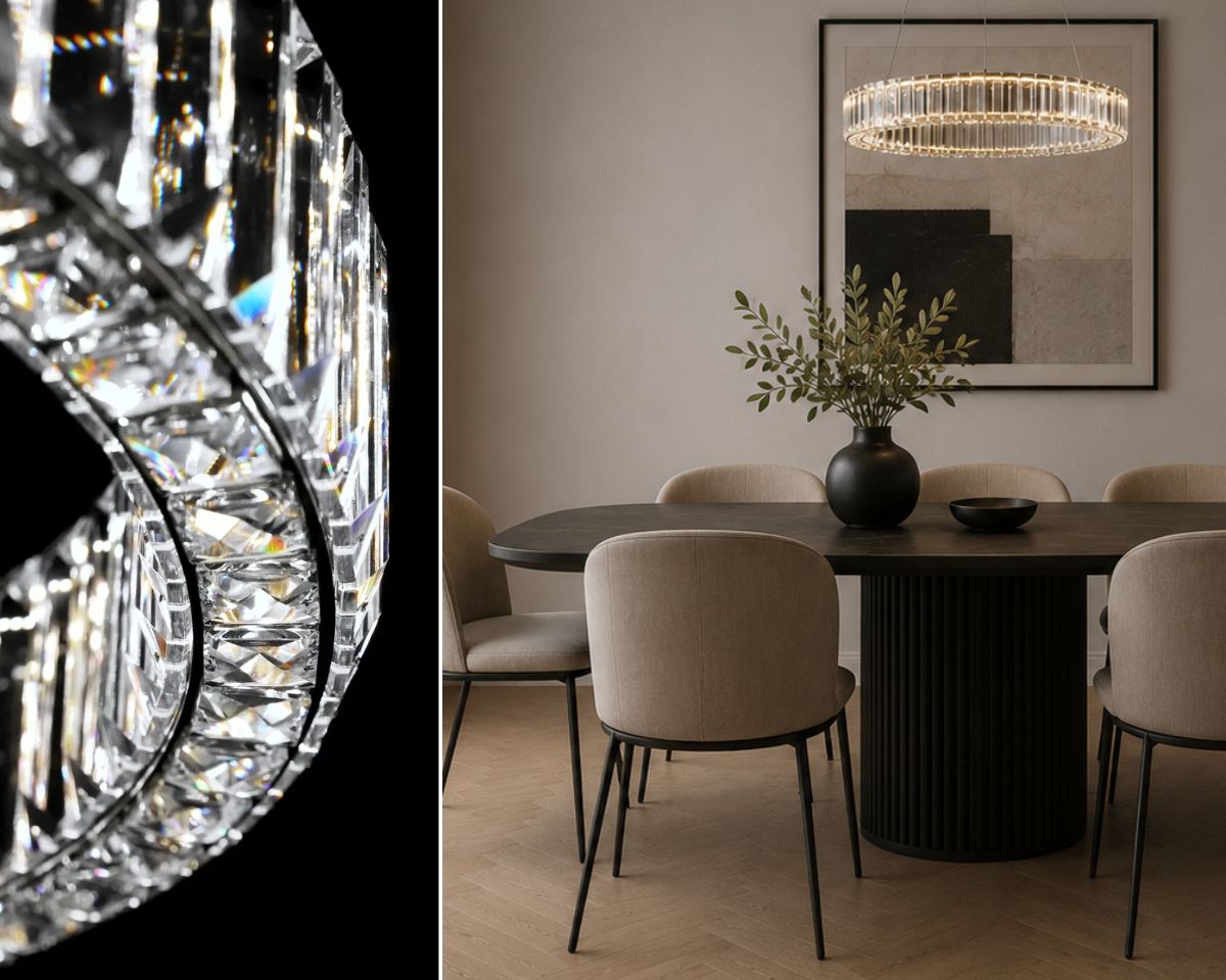 Nowoczesny okrągły żyrandol nad okrągłym stołem jadalnym, elegancka lampa pierścieniowa odpowiednia do przestronnych wnętrz z możliwością łączenia kilku pierścieni o różnych średnicach.   