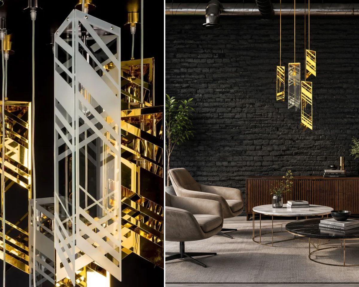 Metalowa lampa designerska LV099 in a modern industrial living room, where its precise design emphasises the functional and contemporary character of the interior.