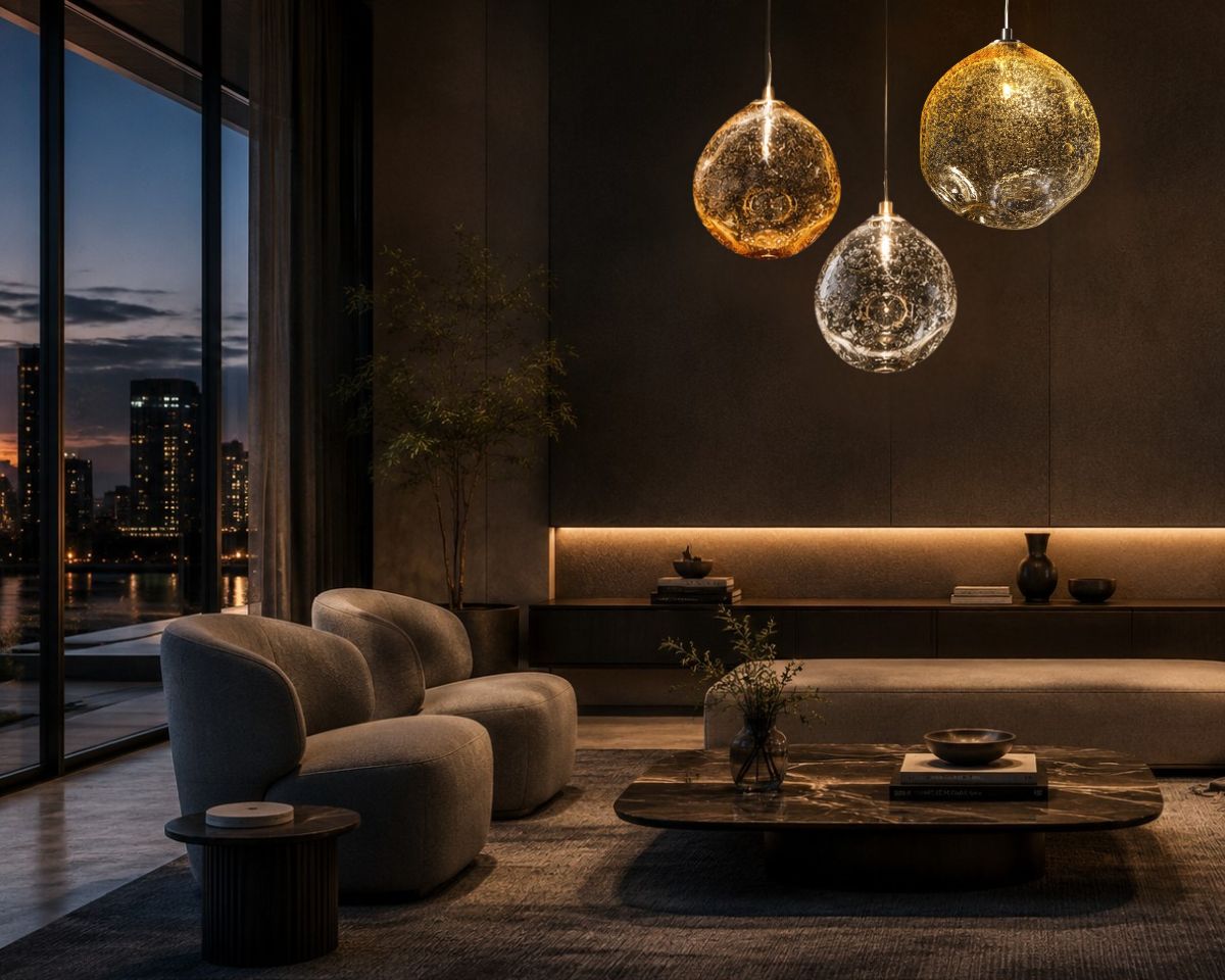 Designerski klaster trzech lamp EOR300 wykonanych specjalną techniką dmuchania szkła, dzięki której każdy egzemplarz jest unikatem. Elegancka kompozycja ręcznie wykonywanego szkła do nowoczesnych wnętrz.