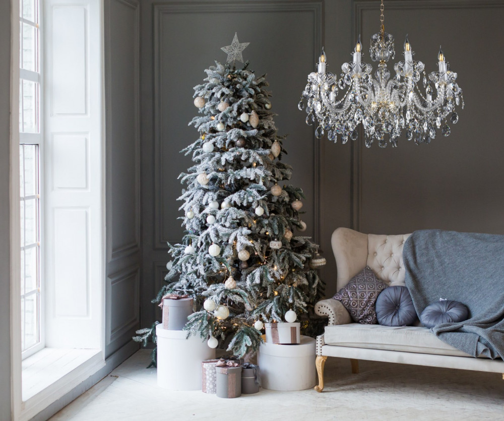 christmas tree and crystal chandelier