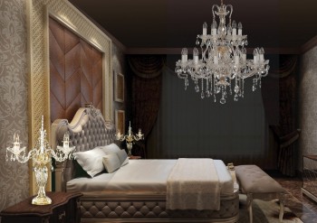 Table lamps and chandelier in bedroom