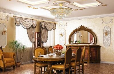 Crystal chandelier above the dining table in chateau style EL719905